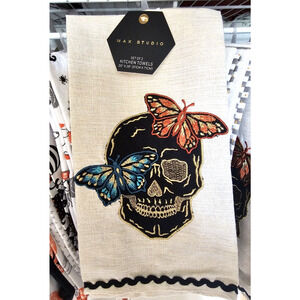 Max Studio Halloween Kitchen Tea Towel Set 2 Embroiderd Skull/ Butterflies